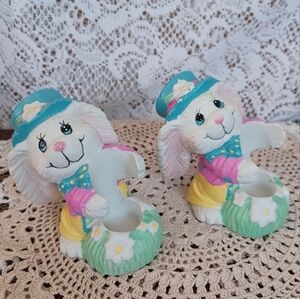 VINTAGE GIFTCO PAIR OF EASTER RABBIT PORCELAIN CANDLE HOLDERS HAND-PAINTED 3"